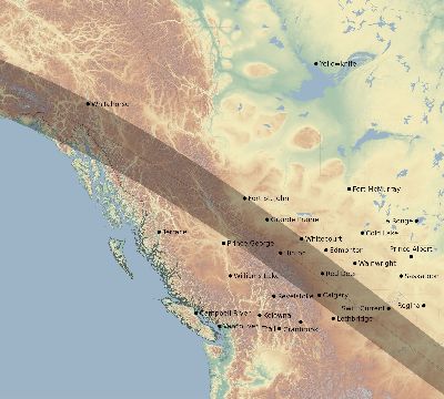 Map of the eclipse path across Canada on 08/07/1869