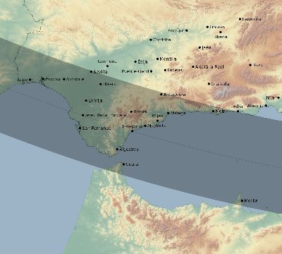 Map of the eclipse path across Spain on 12/22/1870