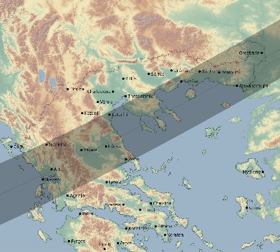 Map of the eclipse path across Greece on 12/22/1870