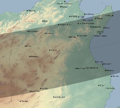 Map of the eclipse path across Tunisia on 12/22/1870