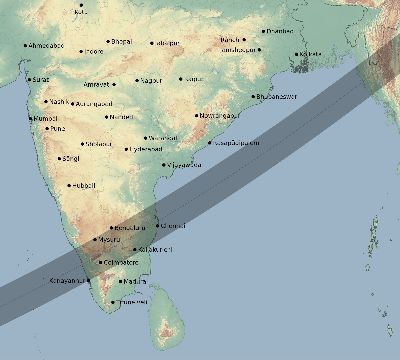 Map of the eclipse path across India on 06/06/1872