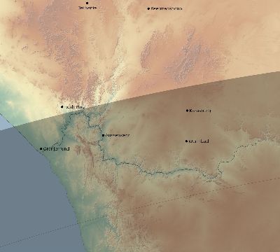 Map of the eclipse path across Namibia on 04/16/1874