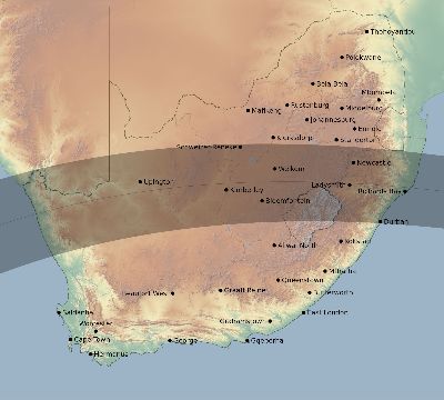 Map of the eclipse path across South Africa on 04/16/1874