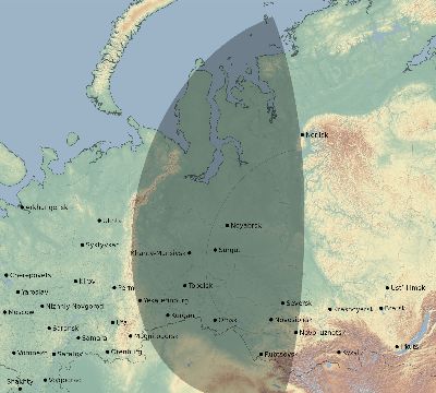 Map of the eclipse path across Russia on 10/10/1874