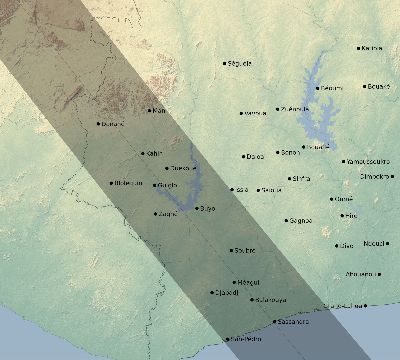 Map of the eclipse path across Côte d'Ivoire (Ivory Coast) on 09/29/1875
