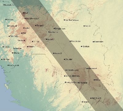 Map of the eclipse path across Guinea on 09/29/1875