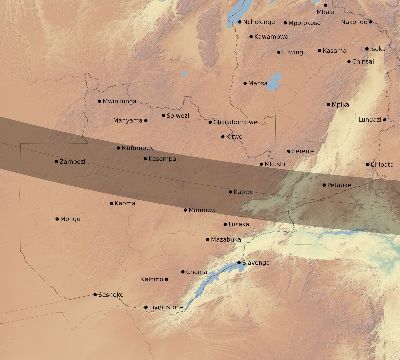 Map of the eclipse path across Zambia on 09/29/1875
