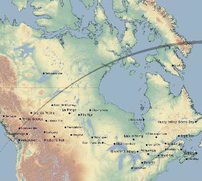 Map of the eclipse path across Canada on 03/25/1876