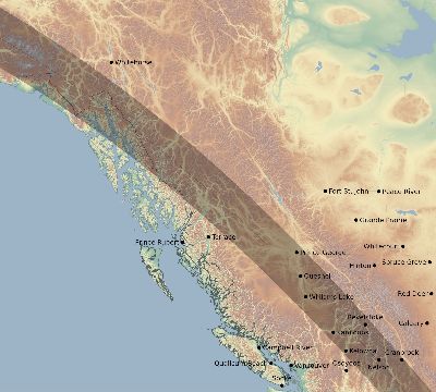 Map of the eclipse path across Canada on 07/29/1878