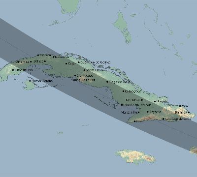 Map of the eclipse path across Cuba on 07/29/1878