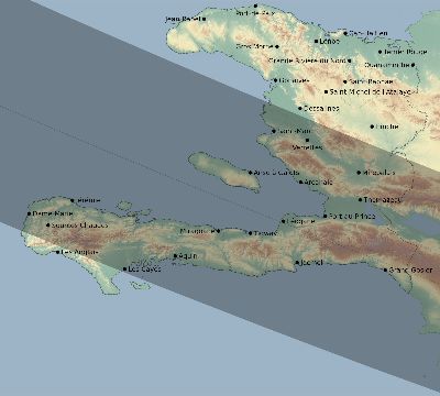 Map of the eclipse path across Haiti on 07/29/1878