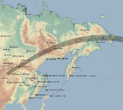 Map of the eclipse path across Russia on 07/29/1878