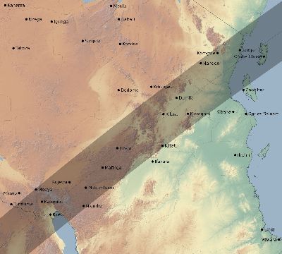 Map of the eclipse path across Tanzania on 01/22/1879