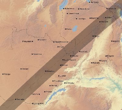 Map of the eclipse path across Zambia on 01/22/1879