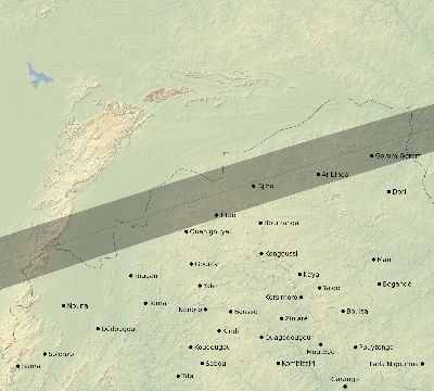 Map of the eclipse path across Burkina Faso on 07/19/1879