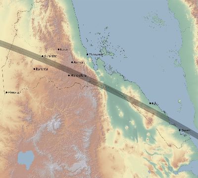 Map of the eclipse path across Eritrea on 07/19/1879