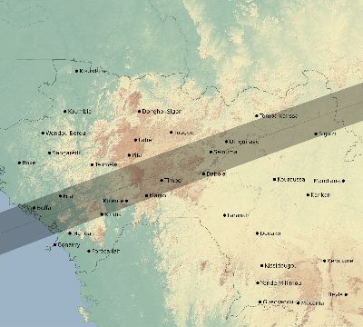 Map of the eclipse path across Guinea on 07/19/1879