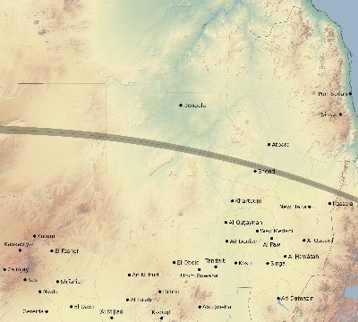 Map of the eclipse path across Sudan on 07/19/1879