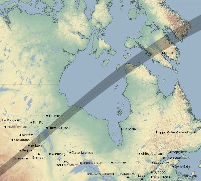 Map of the eclipse path across Canada on 03/16/1885