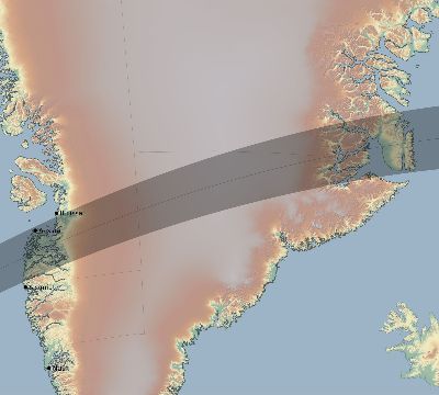 Map of the eclipse path across Greenland on 03/16/1885