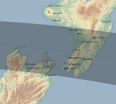 Map of the eclipse path across New Zealand on 09/08/1885