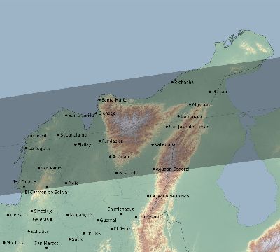 Map of the eclipse path across Colombia on 08/29/1886