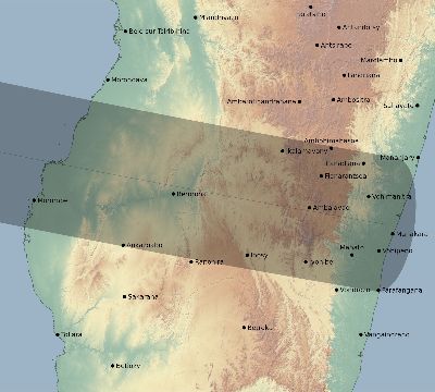 Map of the eclipse path across Madagascar on 08/29/1886
