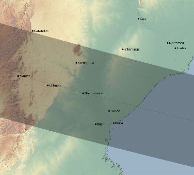 Map of the eclipse path across Mozambique on 08/29/1886