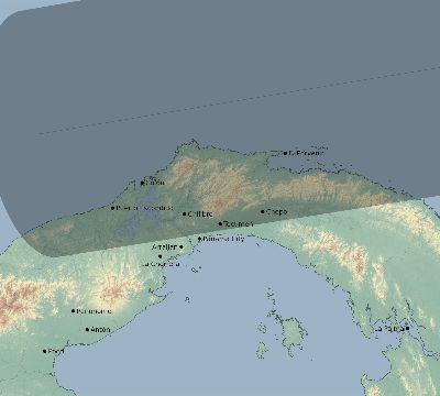 Map of the eclipse path across Panama on 08/29/1886