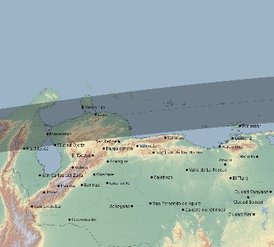 Map of the eclipse path across Venezuela on 08/29/1886