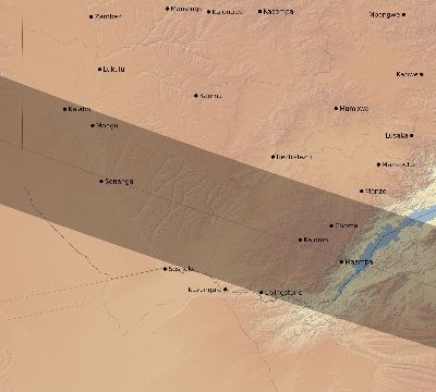 Map of the eclipse path across Zambia on 08/29/1886