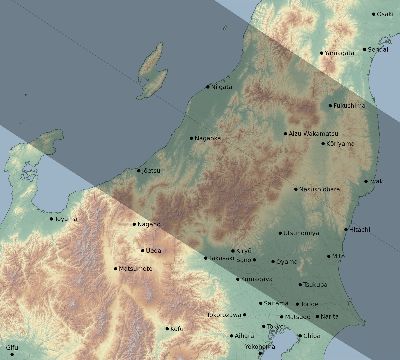 Map of the eclipse path across Japan on 08/19/1887