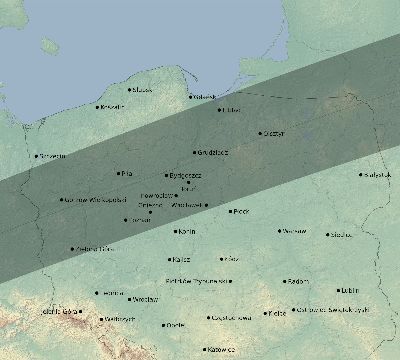 Map of the eclipse path across Poland on 08/19/1887