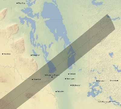 Map of the eclipse path across Canada on 01/01/1889