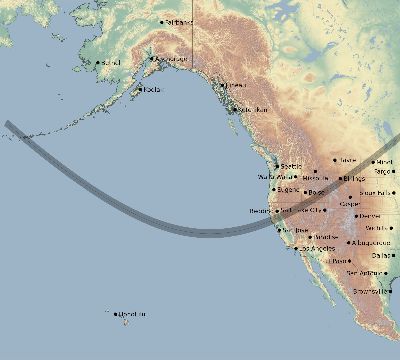 Map of the eclipse path across United States on 01/01/1889