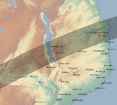 Map of the eclipse path across Mozambique on 06/28/1889