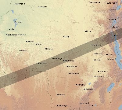 Map of the eclipse path across DR Congo on 12/22/1889