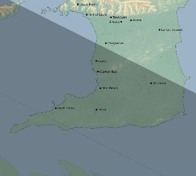 Map of the eclipse path across Trinidad and Tobago on 12/22/1889