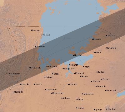 Map of the eclipse path across Tanzania on 12/22/1889