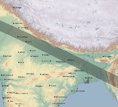 Map of the eclipse path across India on 06/17/1890