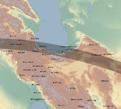 Map of the eclipse path across Iran on 06/17/1890