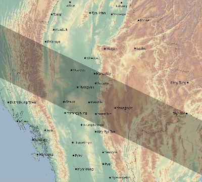Map of the eclipse path across Myanmar on 06/17/1890