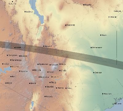 Map of the eclipse path across Kenya on 09/29/1894