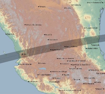 Map of the eclipse path across Mexico on 07/29/1897