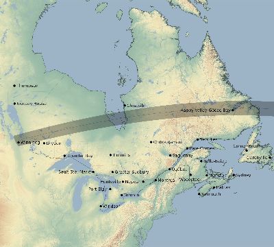 Map of the eclipse path across Canada on 08/30/1905