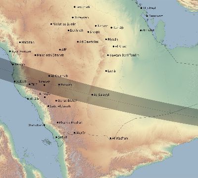 Map of the eclipse path across Saudi Arabia on 08/30/1905