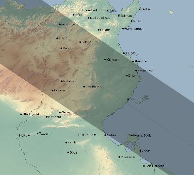Map of the eclipse path across Tunisia on 08/30/1905