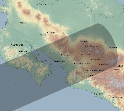 Map of the eclipse path across Costa Rica on 01/03/1908