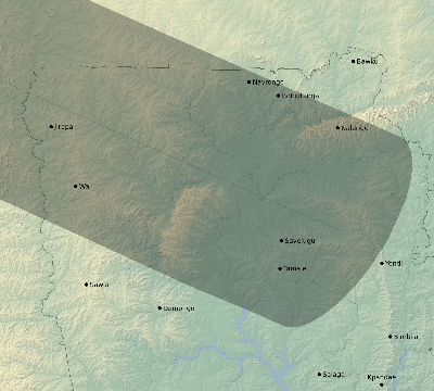 Map of the eclipse path across Ghana on 06/28/1908