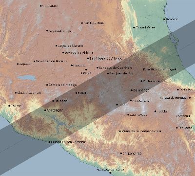 Map of the eclipse path across Mexico on 06/28/1908